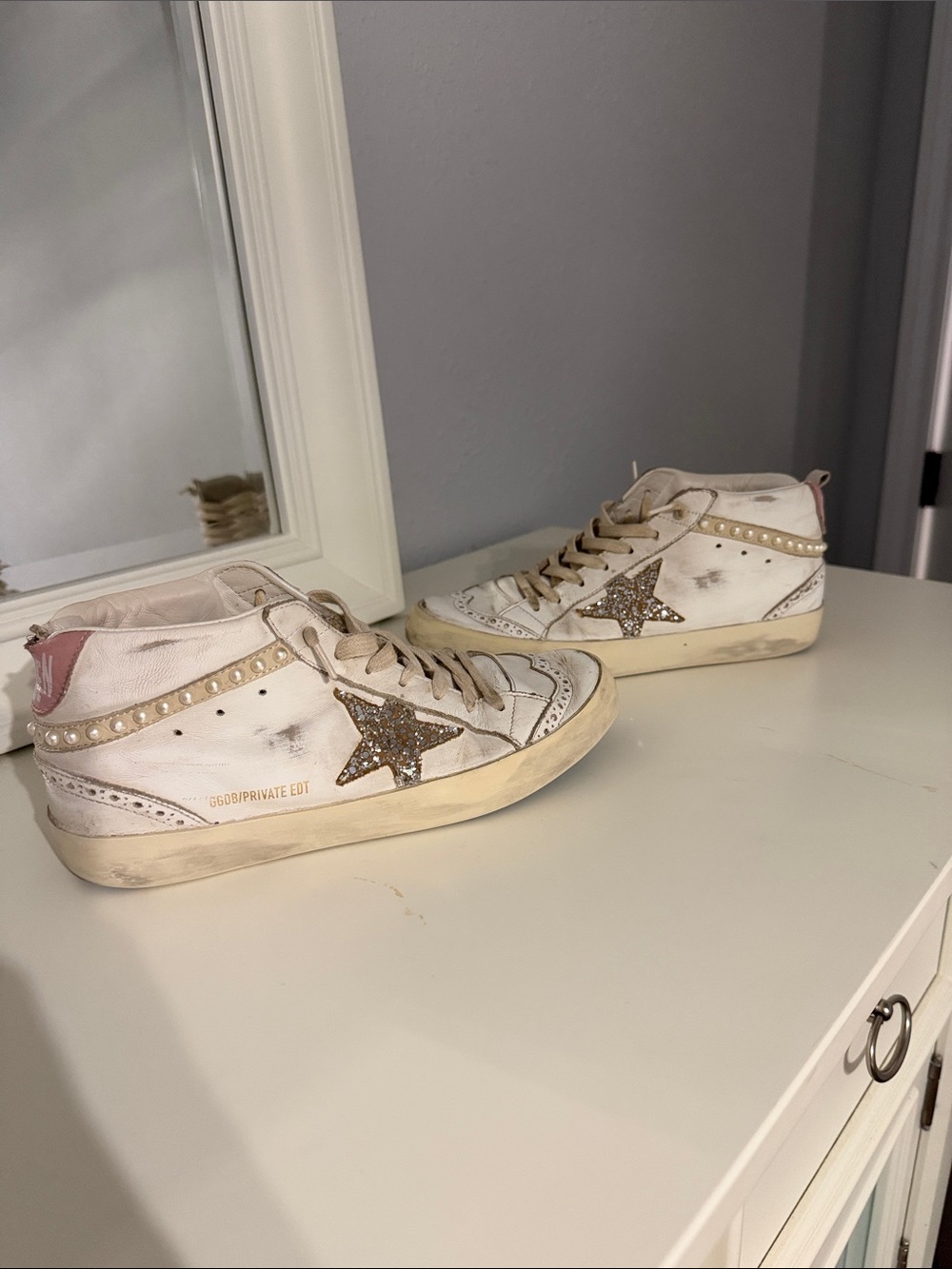 Golden Goose Mid Star White Glitter Star Pearl Sneakers